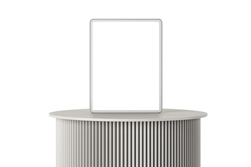Digital tablet with a blank screen on a round, ribbed pedestal stand. Isolated on a white background. Concept of modern technology. 3D Rendering
