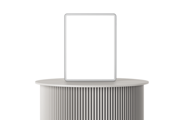 Digital tablet with a blank screen on a round, ribbed pedestal stand. Isolated on a white background. Concept of modern technology. 3D Rendering
