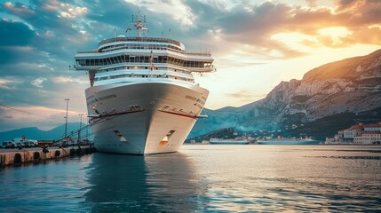 Naklejka premium Majestic cruise ship docked at port with mountains view.