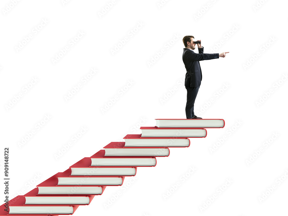 Aufkleber Man standing on books arranged as stairs, pointing forward while looking through binoculars. Isolated on white background. Concept of success and education