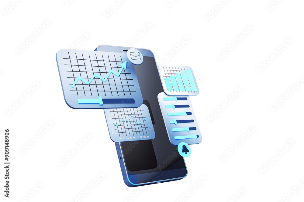 Poster 3D financial charts and graphs floating above a smartphone on a white background. Concept of digital financial growth and market trends. 3D Rendering
