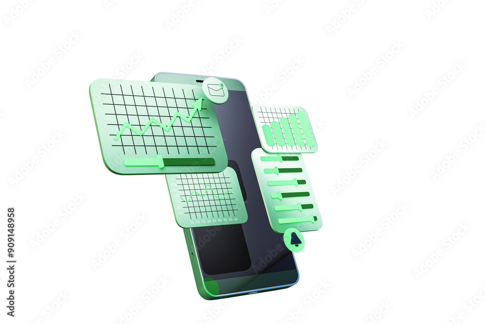 Aufkleber A smartphone displaying various financial trading graphs and charts, isolated on a white background, representing fintech and data analysis. 3D Rendering