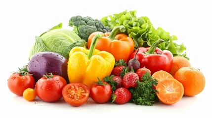 Vibrant display of fresh fruits and veggies arranged in a captivating pyramid shape on a white surface. Variety and freshness emphasized, promoting healthy eating.