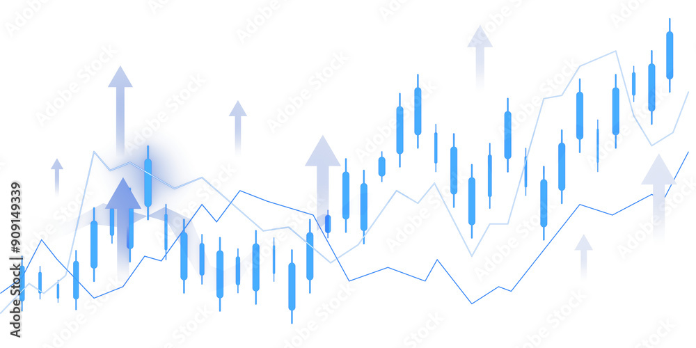 Poster financial candlestick chart with blue upward arrows on a white background. concept of market growth 