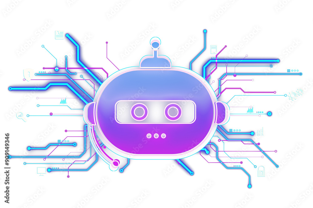 Poster Futuristic robot head with neon circuit connections extending from it. Isolated on a clean white background. Concept of AI and technology. 3D Rendering