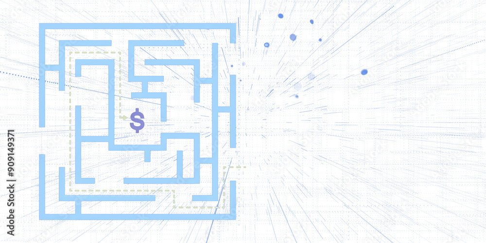 Aufkleber Digital maze with a dollar sign and a highlighted path, set on an abstract white background. Concept of finding financial success. 3D Rendering
