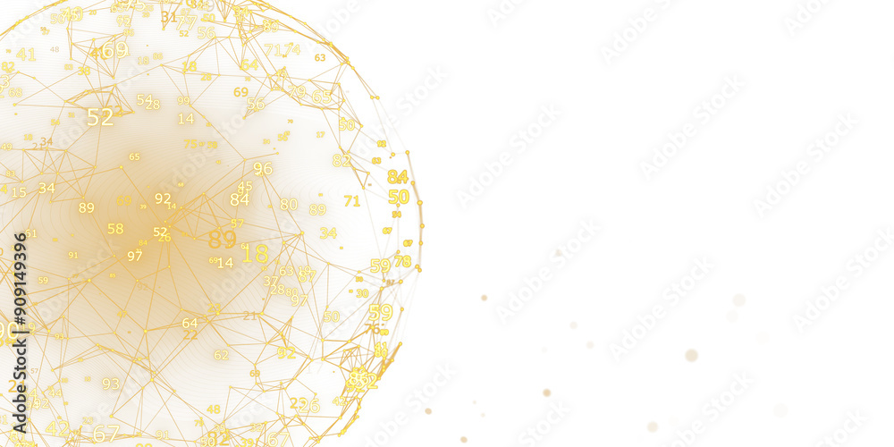 Poster Abstract network of numbers and connections in yellow on a white background. Concept of big data analysis and cloud technology. 3D Rendering