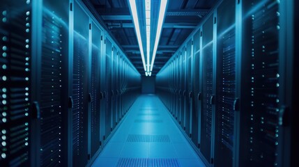 Fototapeta premium Dark data center rack hallway, data backup technology background