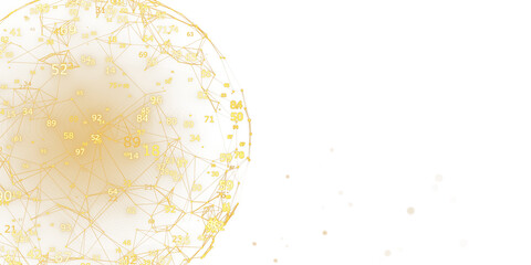 Obraz premium Abstract network of numbers and connections in yellow on a white background. Concept of big data analysis and cloud technology. 3D Rendering