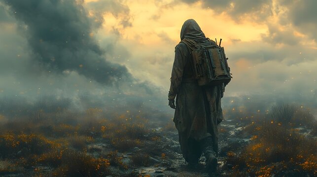 Rugged Post-Apocalyptic Nomad Navigating Desolate Wasteland in Dramatic Lighting