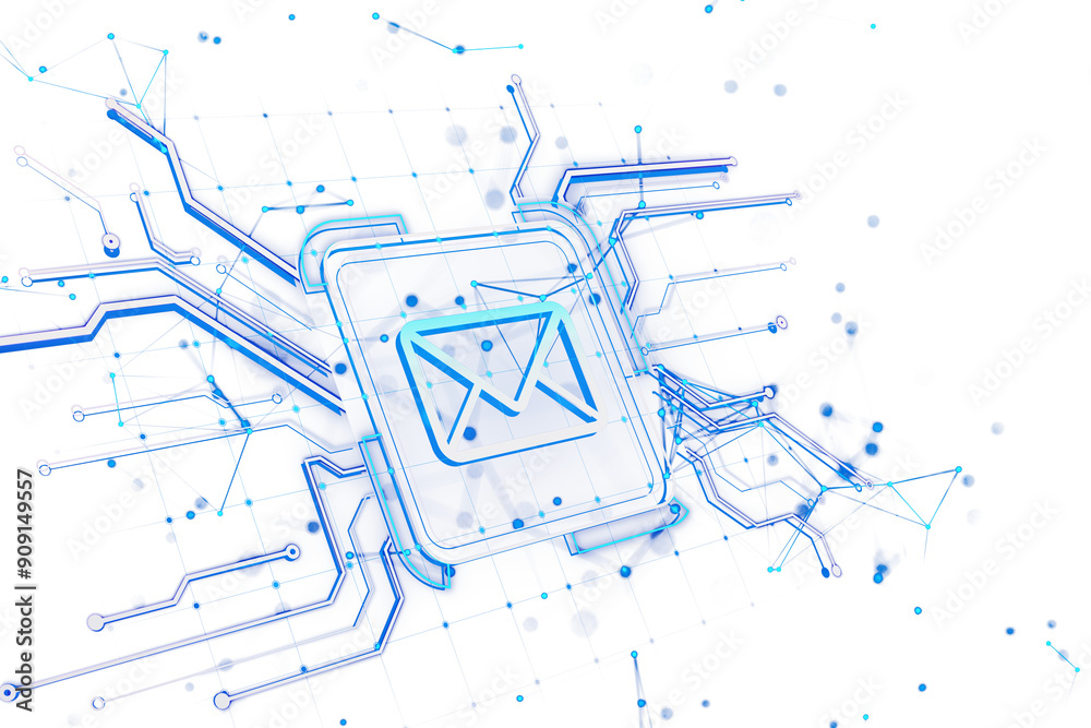 Poster Electronic mail icon integrated with circuit lines in blue tones on a clean white background. Concept of digital communication. 3D Rendering