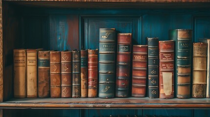 Old books organised in a library bookshelf.