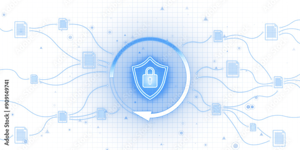 Aufkleber Cybersecurity shield with lock icon, integrated with documents and network connections, on white grid background. Concept of data protection. 3D Rendering