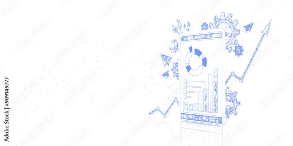Aufkleber digital business analytics concept showing charts, gears, and paper planes on a white background. 3d