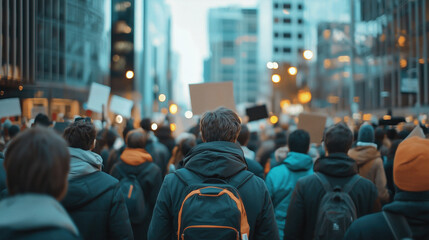 Crowd of people in winter clothing holding signs during a city protest with skyscrapers in the background. Depicts themes of activism, social movements, and urban community engagement.