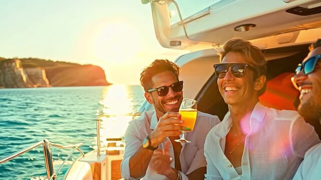 A group of pals are having fun and relaxing aboard a luxurious yacht while sailing the sea and sipping cocktails.