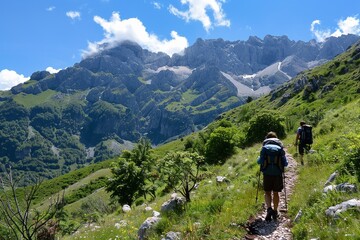 Hiking in the magnificent and harsh Albanian Alps Mountains in northern Albania, Generative AI.