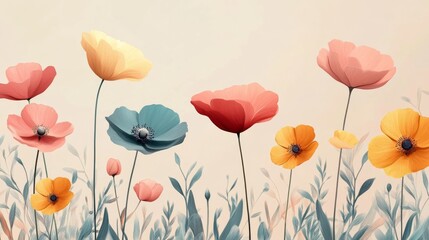 Fototapeta premium Watercolor-Style Illustration of Colorful Flowers and Delicate Stems