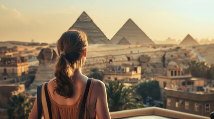 A woman stands admiring the stunning Pyramids of Giza as the sun sets in the background