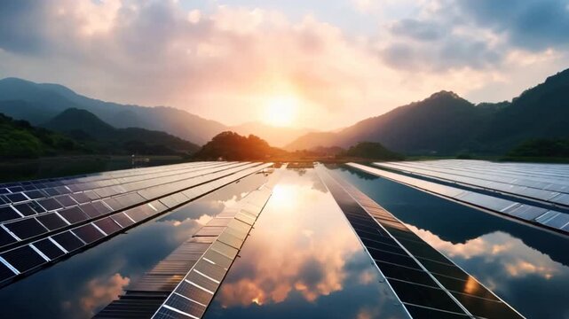 Floating solar power plant Installing large solar panels on a river. Sustainable.
