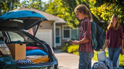 Teenagers packing a car trunk with blankets and boxes, preparing for a trip or move. They are outside a suburban home on a sunny day, ready for an adventure or a new beginning.