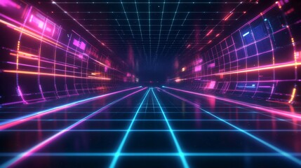 Obraz premium A Futuristic Neon Grid Tunnel with Glowing Lines