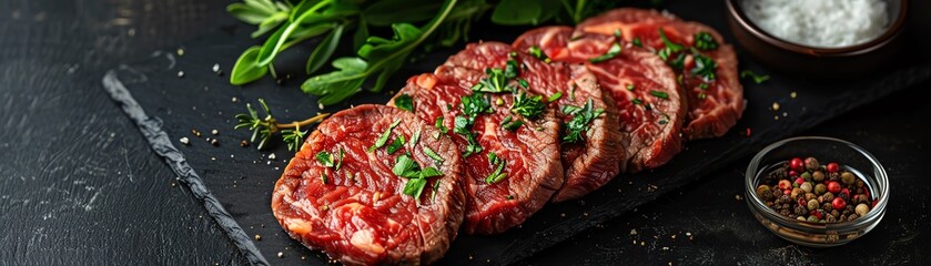 Freshly sliced beef on a dark slate, garnished with herbs, overhead view