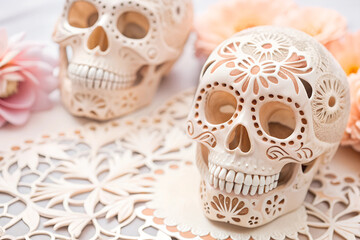Fototapeta premium Painted skulls and papel picado decorations