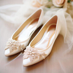 Wedding flat shoes, close-up view, aesthetic shot