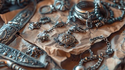 Old classic silver jewelry collection on salmon paper