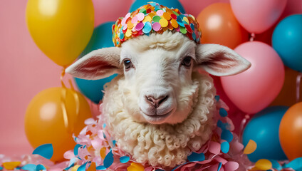 Cute sheep on a colored background, birthday festive