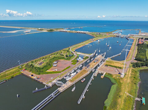 Aerial from the Afsluitdijk with the Lorentz sluices at Kornwerderzand in the Netherlands