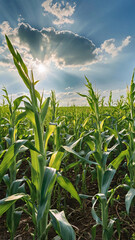 Obraz premium High-Resolution Photograph of Lush Maize Cornfield with Sunlit Stalks and Cloudy Sky, ai generated
