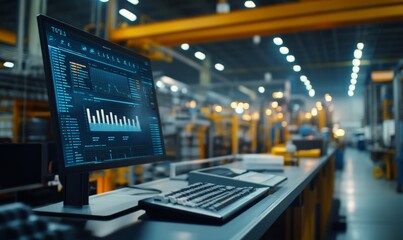 Naklejka premium Abstract Data-Driven Manufacturing: Factory Analytics Dashboard Displaying Production Statistics and Performance Metrics. Innovative Visualization of Industrial Efficiency and Smart Manufacturing Con