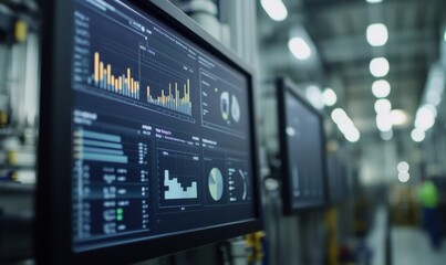  Abstract Data-Driven Manufacturing: Factory Analytics Dashboard Displaying Production Statistics and Performance Metrics. Innovative Visualization of Industrial Efficiency and Smart Manufacturing Con