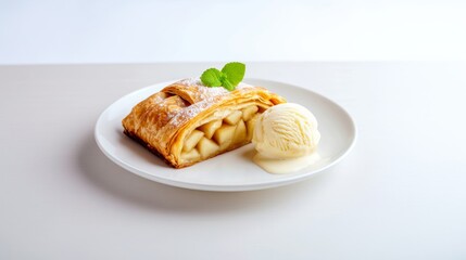 Apple strudel on a white plate with a scoop of vanilla ice cream melting beside it, white background with empty space for text 