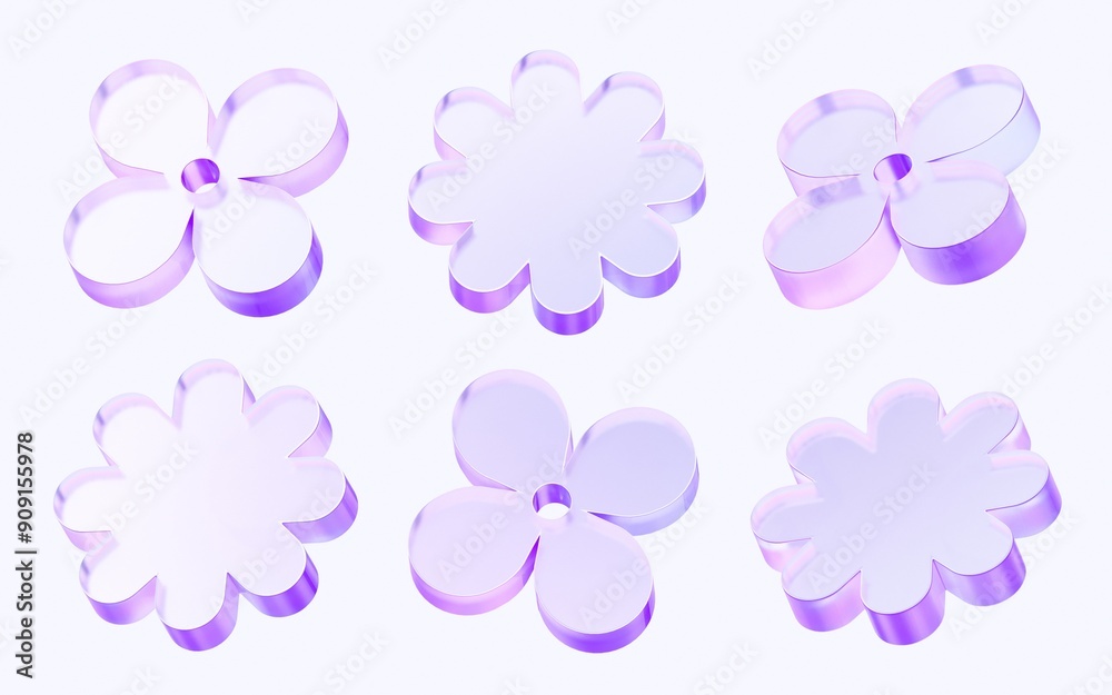 Fototapete 3d set of flower glass shapes with colorful gradient. 3d rendering illustration