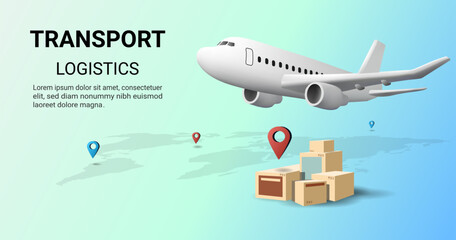 Global Logistics transportation service concept. Airplane and parcel box, Transportation, Air logistics. Airplane, warehouse. Concept of web page design for website or banner. 3D Vector. Eps 10