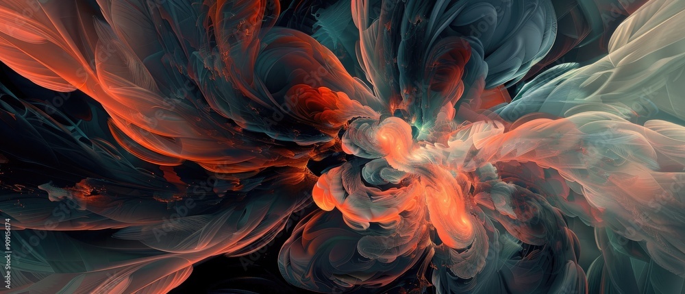 Wall mural abstract digital art featuring vibrant swirls of color, blending red, black, and white, creating a d