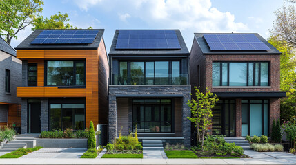 Fototapeta premium House with solar panels on roof. Sustainable clean energy.