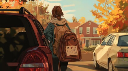 A student packing their belongings into a car, ready to embark on their journey to university. The scene captures the mixed emotions of excitement and nostalgia. 