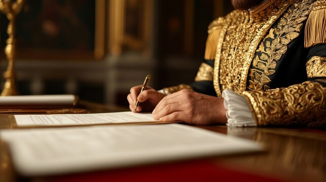 closeup of a king signing a royal decree at an ornate desk, surrounded by scrolls and documents 