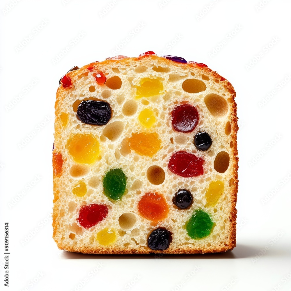 Poster Closeup of a panettone slice, showing the detailed texture and candied fruit pieces, isolated on a white background 