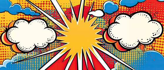 Fototapeta premium Colorful pop art illustration with comic book explosion and speech bubbles. Vibrant retro design suitable for various creative projects.