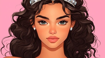 Obraz premium closeup of a princess wearing a sparkling tiara, with soft curls framing her face, against a pastel pink background 