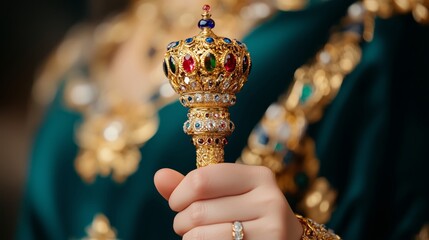 closeup of a queen's hand holding a jeweled scepter, with intricate details and precious gems, against a dark background 