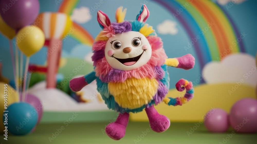 Poster a colorful stuffed animal with rainbow hair and balloons in the background, ai