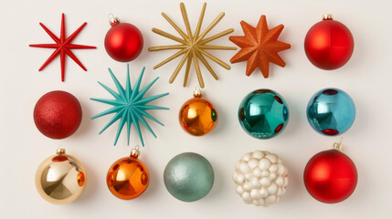 Collection of mid-century modern Christmas tree decorations including atomic starbursts and...