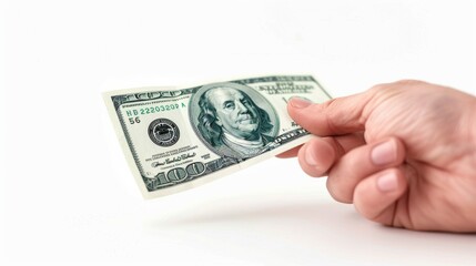 Crumpled dollar bill being squeezed by a giant hand isolated on white background 