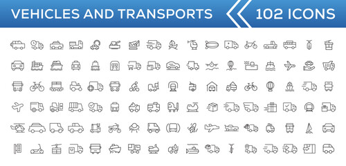 Travel and Transport line icon set. Containing car, bike, plane, train, bicycle, motorbike, bus and scooter icons. Transportation Simple line icon collections